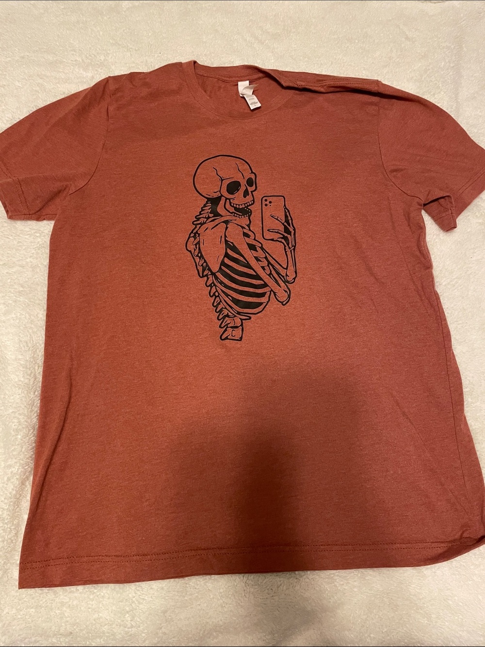 Bella Canvas Rust Red Short Sleeve Tee with Black Skeleton Selfie Graphic
